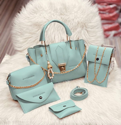 5 Pcs Women’s Leather Hand Bag & Wallet Set