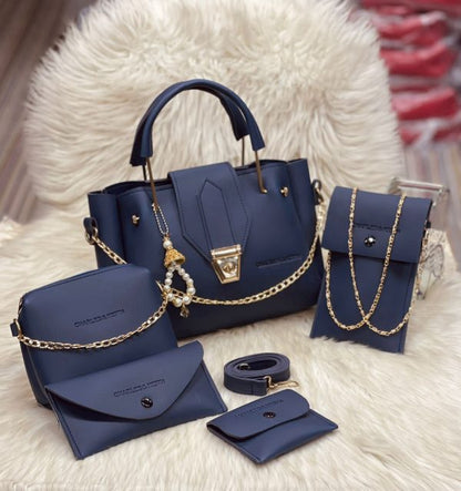 5 Pcs Women’s Leather Hand Bag & Wallet Set